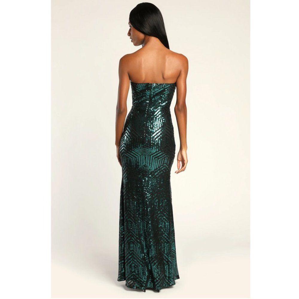 Lulus 'Dazzling Magic' Teal and Black Sequin Strapless Maxi Dress - Picture 4 of 16